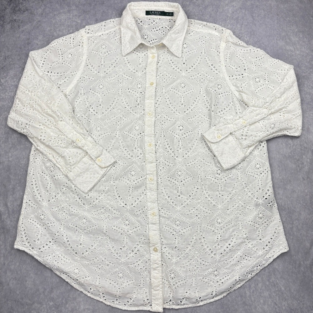 Lauren Ralph Lauren Shirt Womens 2X White Eyelet Cotton Button Down Tunic Blouse